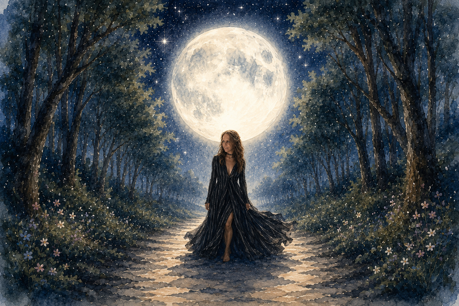 A woman in a flowing dark dress walking a moonlit forest path beneath a full moon, watercolor illustration